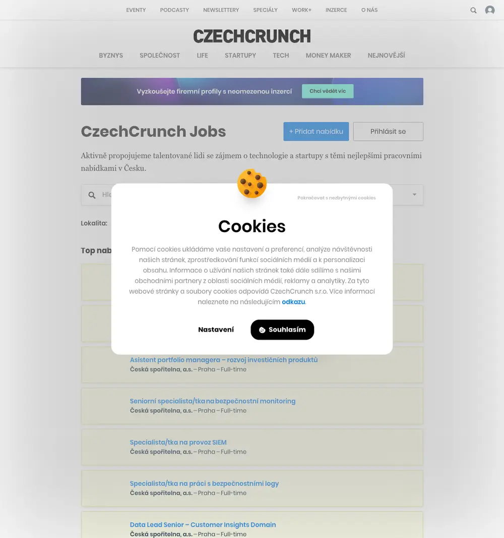 CzechCrunch Jobs job board platform screenshot showing job search interface