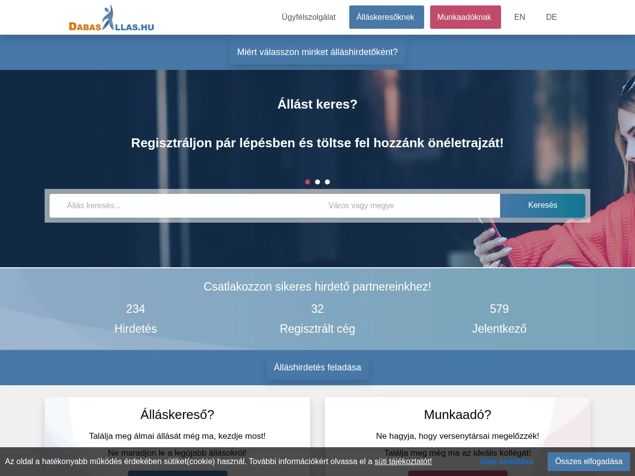 DabasAllas.hu job board platform screenshot showing job search interface