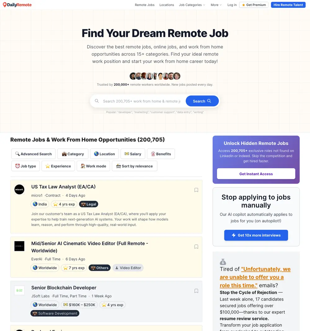 DailyRemote job board platform screenshot showing job search interface