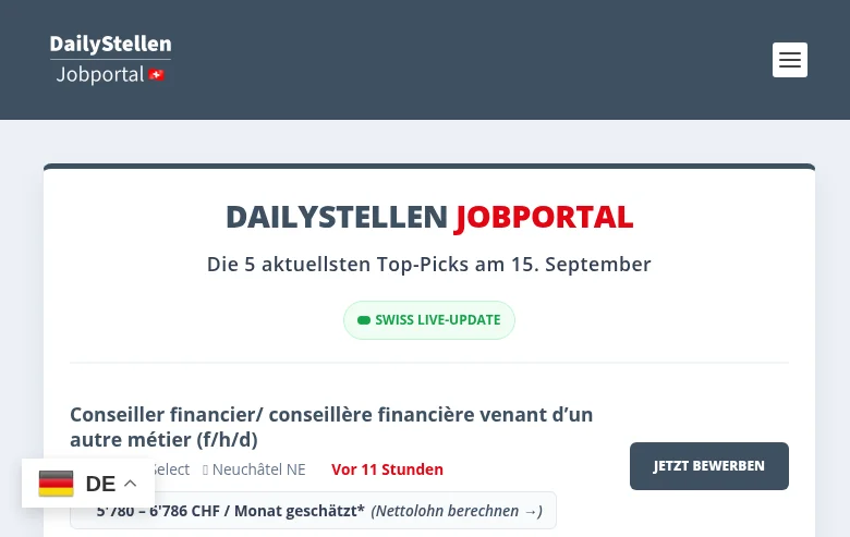 DailyStellen job board platform screenshot showing job search interface