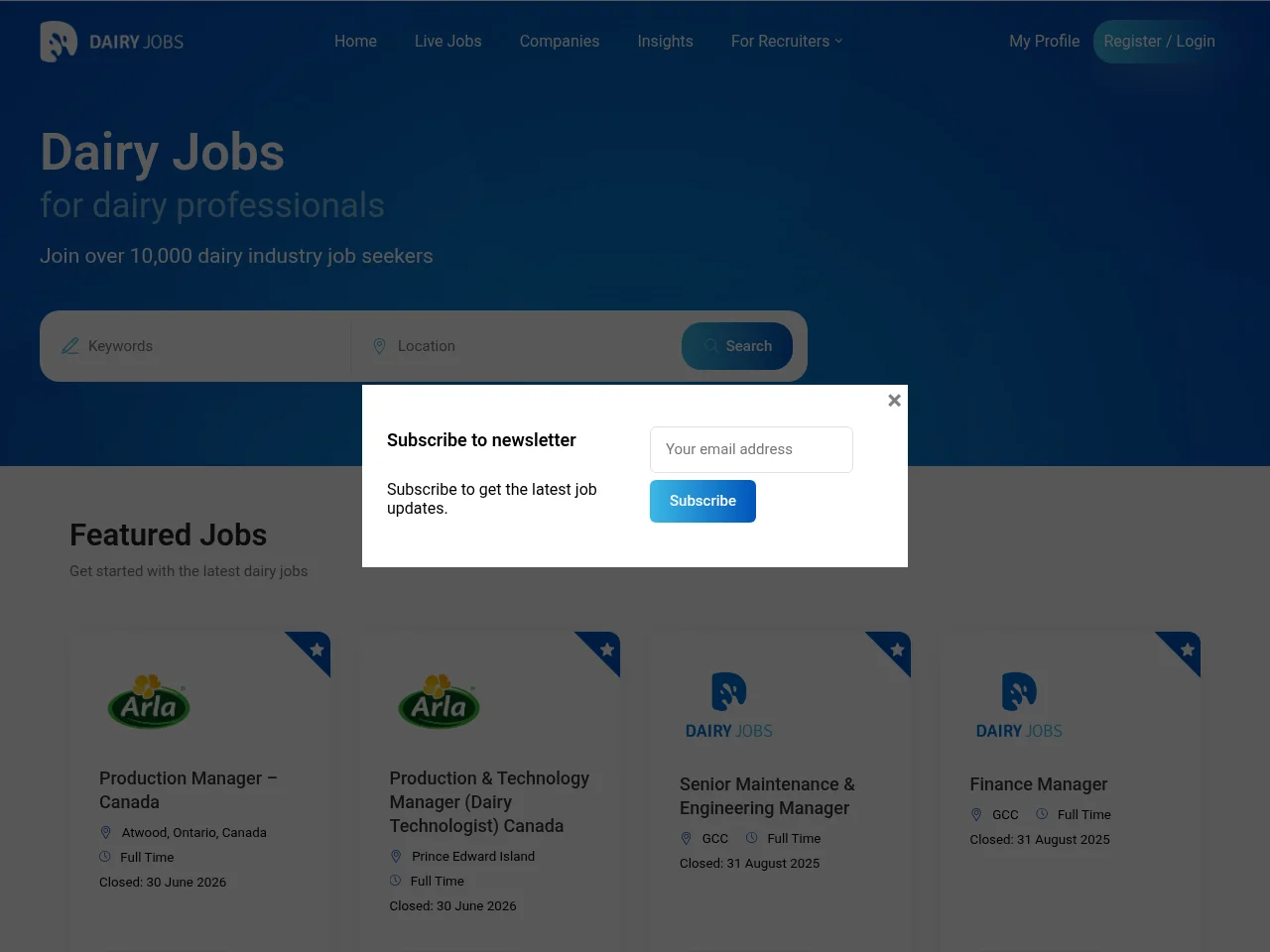 Dairyjobsearch.com job board platform screenshot showing job search interface