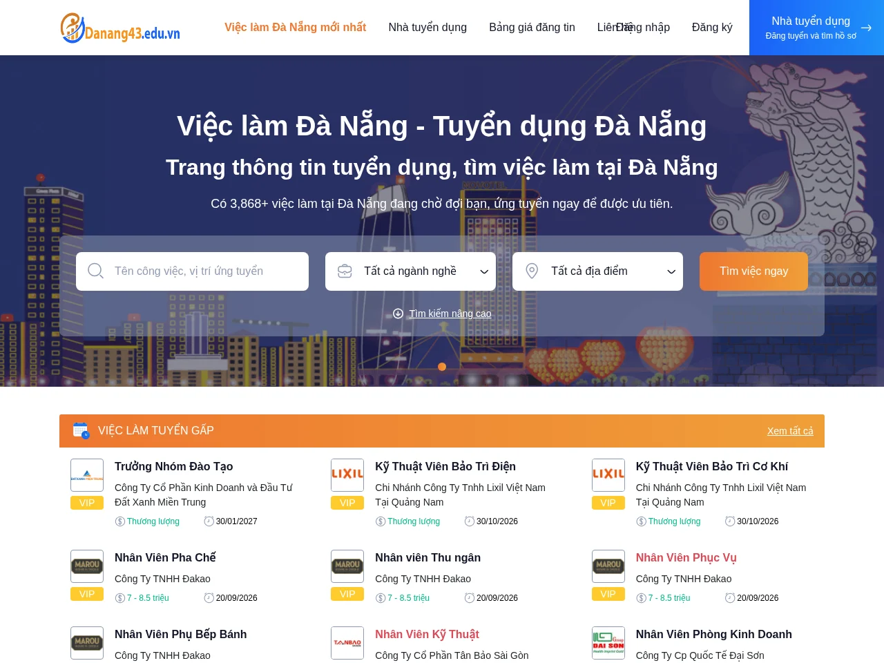 Danang43 job board platform screenshot showing job search interface