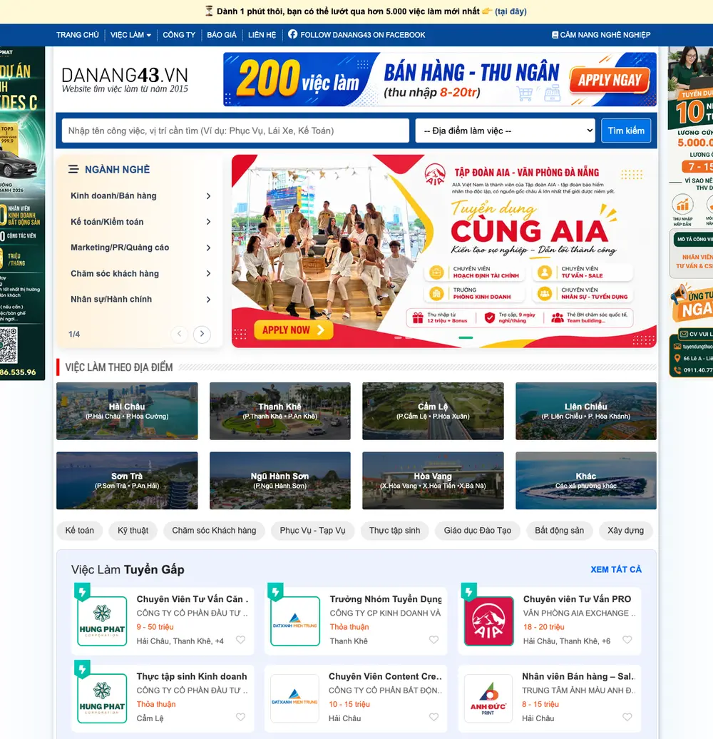 Danang43.vn job board platform screenshot showing job search interface