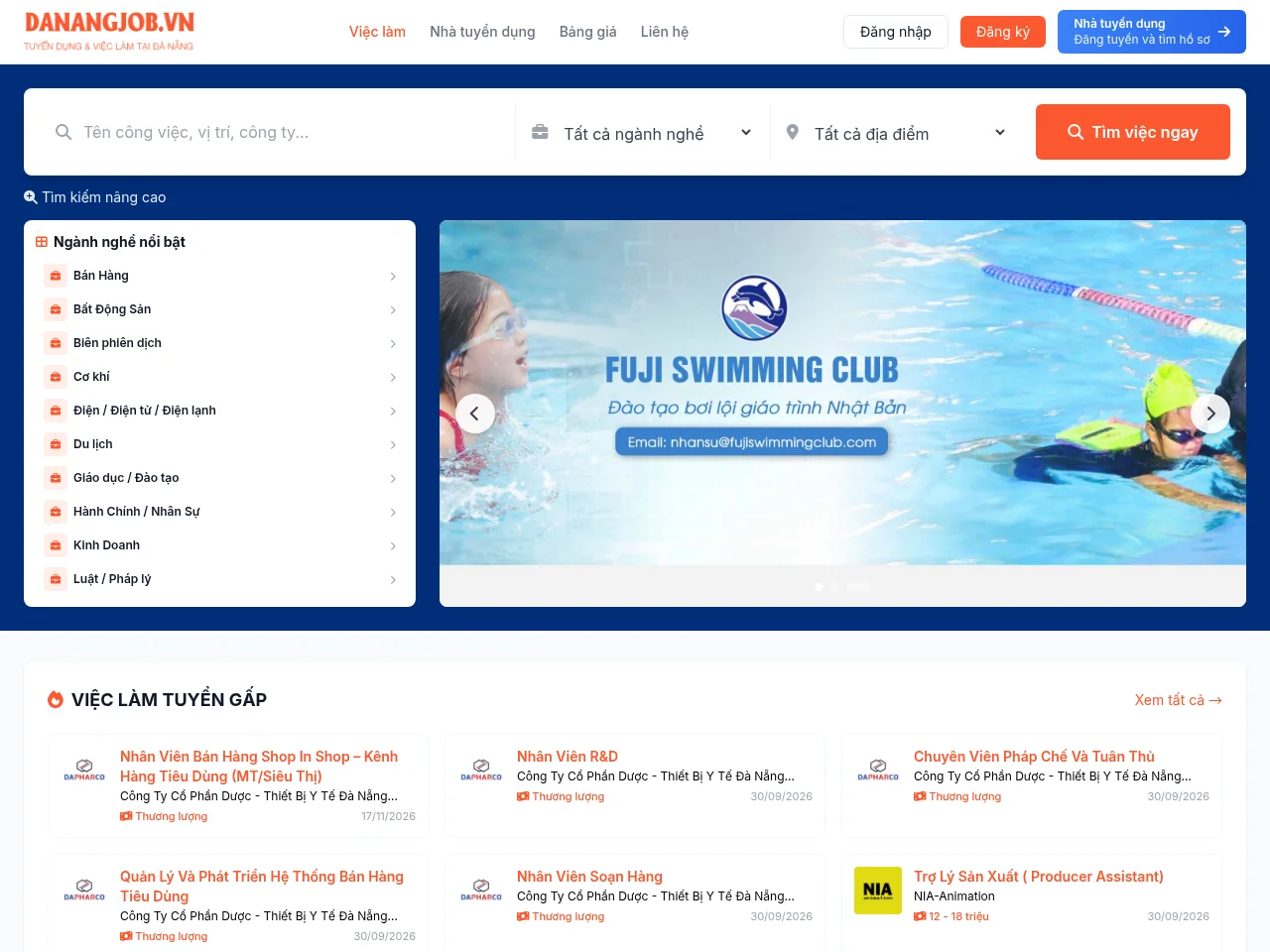 Danangjob.vn job board platform screenshot showing job search interface