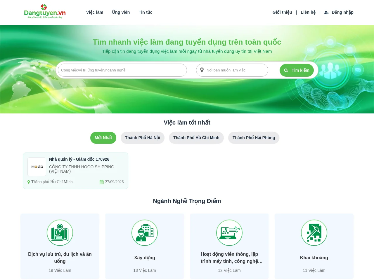 DangTuyen.vn job board platform screenshot showing job search interface