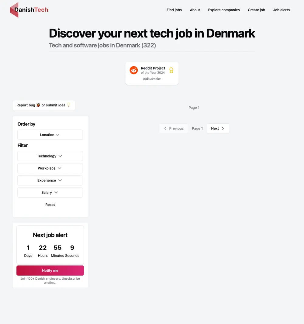 DanishTech job board platform screenshot showing job search interface