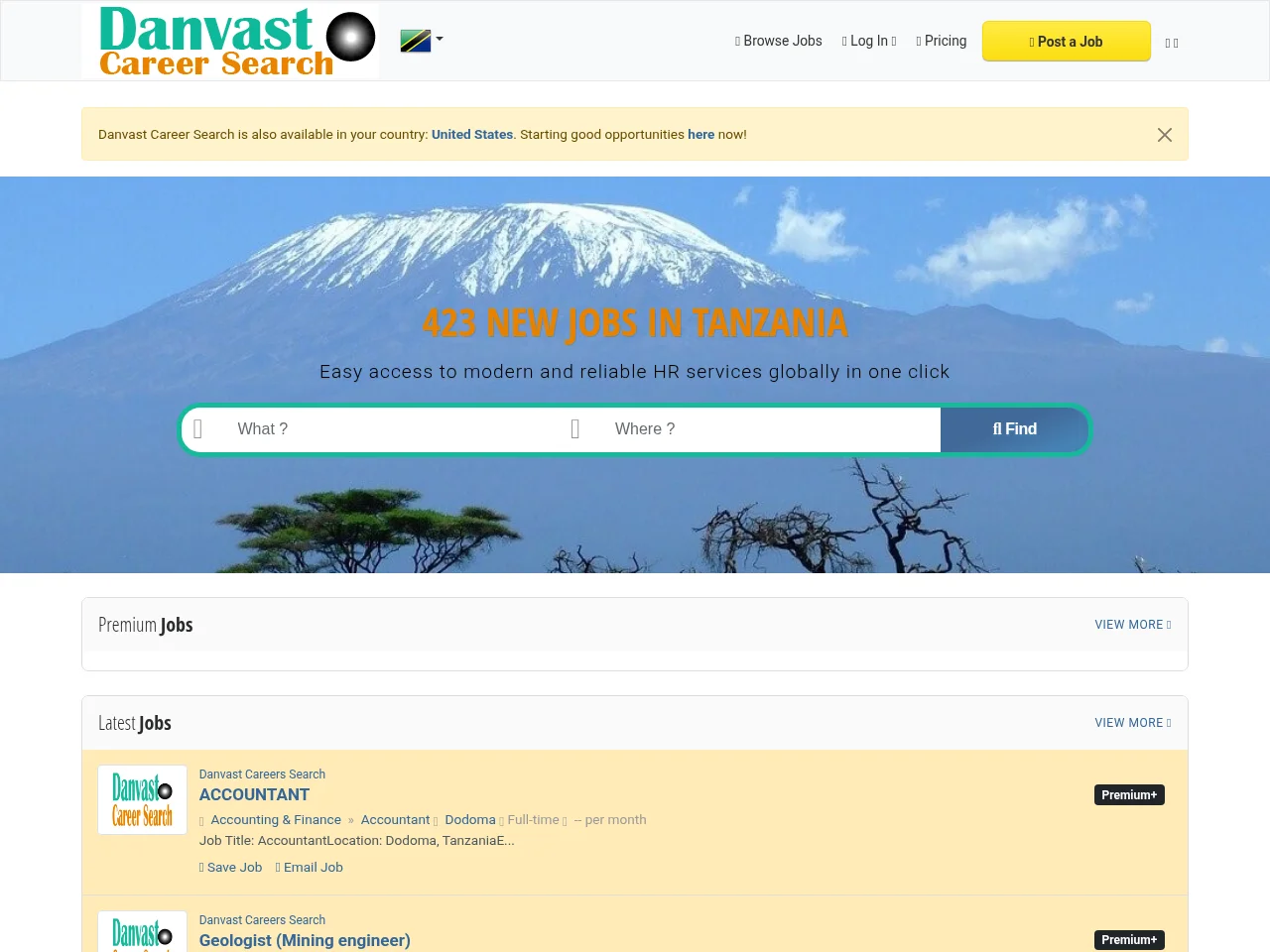 Danvast Career Search job board platform screenshot showing job search interface