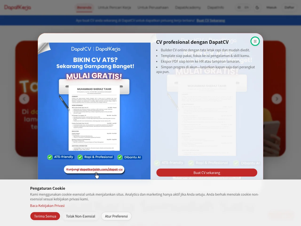 DapatKerja job board platform screenshot showing job search interface
