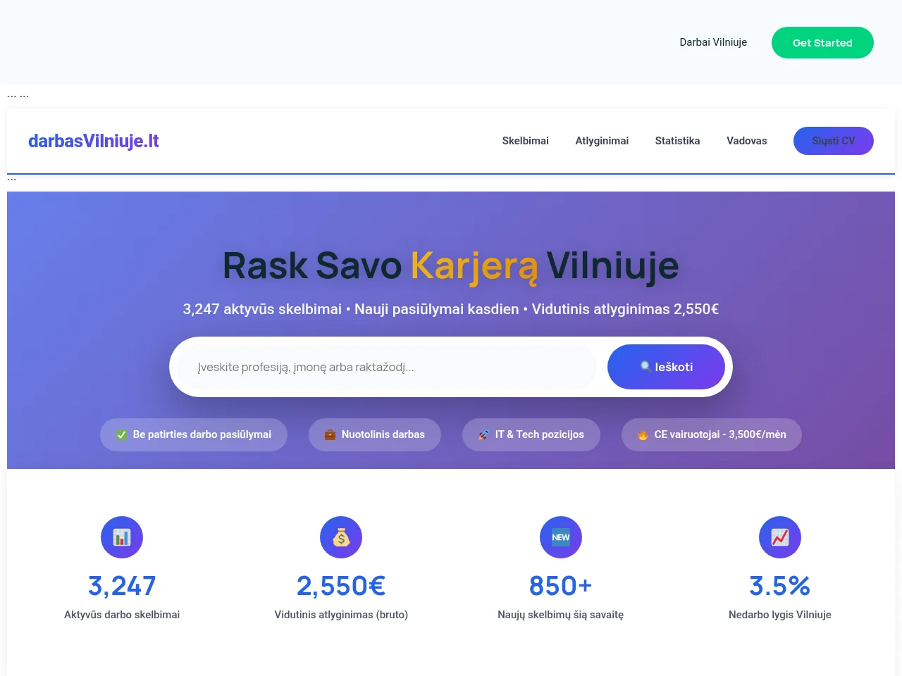 darbasvilniuje.lt screenshot darbasvilniuje.lt job board platform screenshot showing job search interface