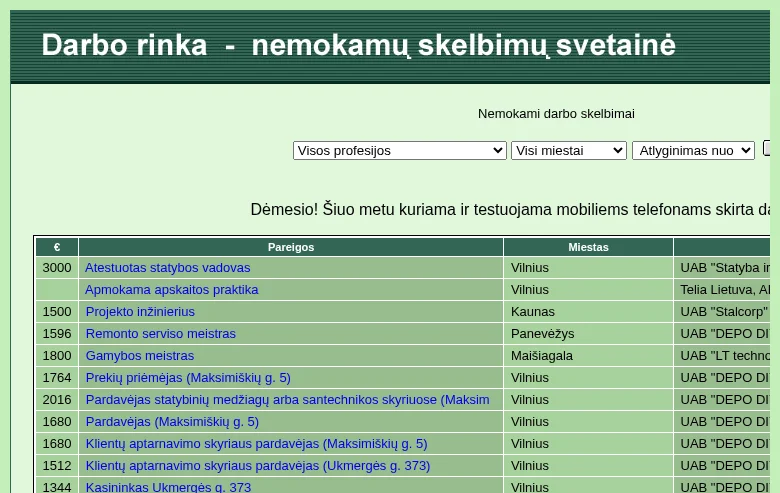 Darbo.lt job board platform screenshot showing job search interface
