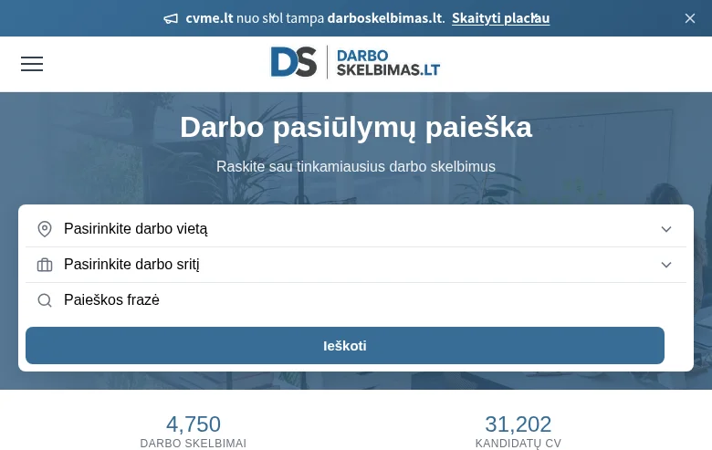 Darboskelbimas.lt job board platform screenshot showing job search interface