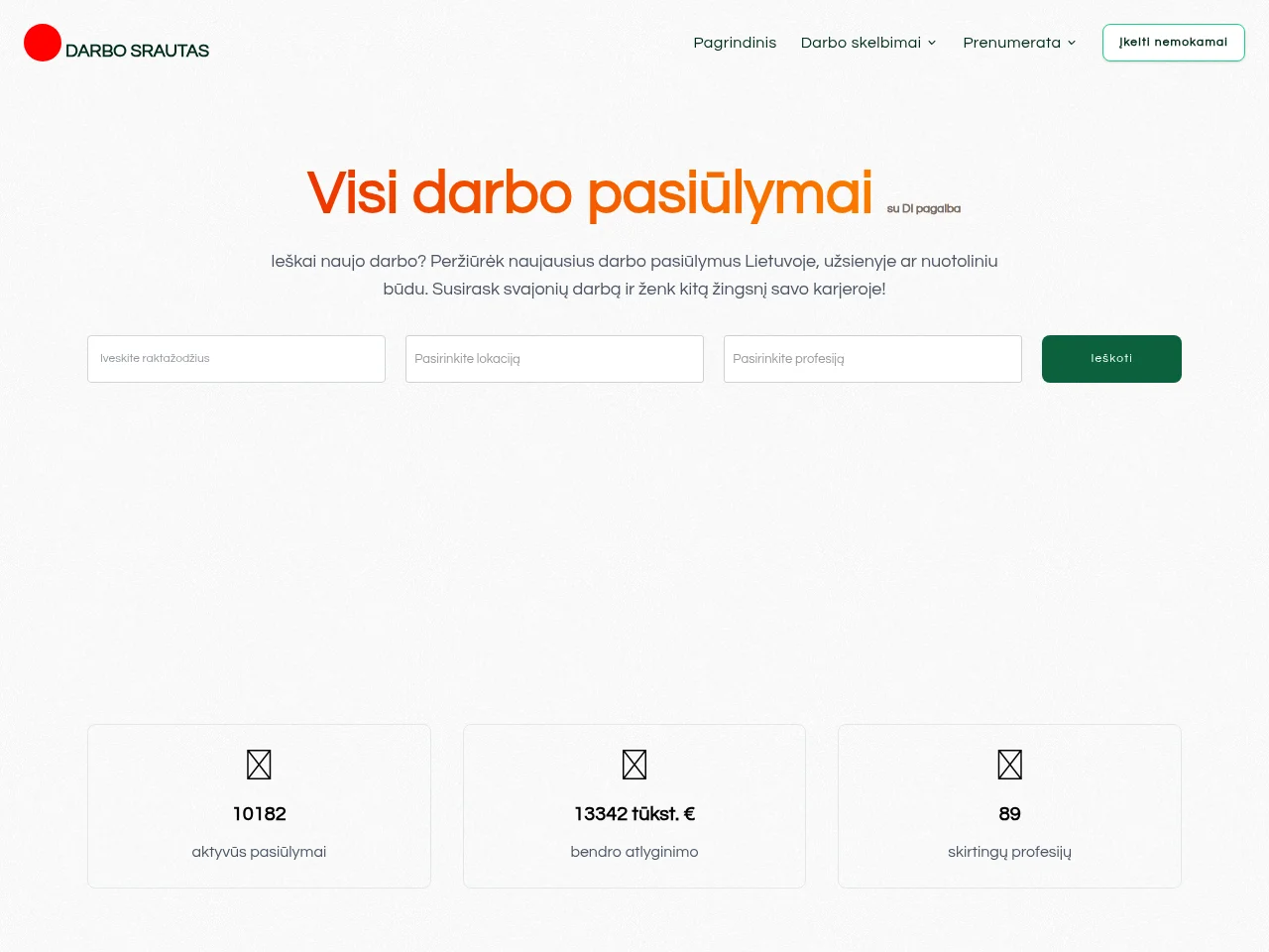 DarboSrautas job board platform screenshot showing job search interface