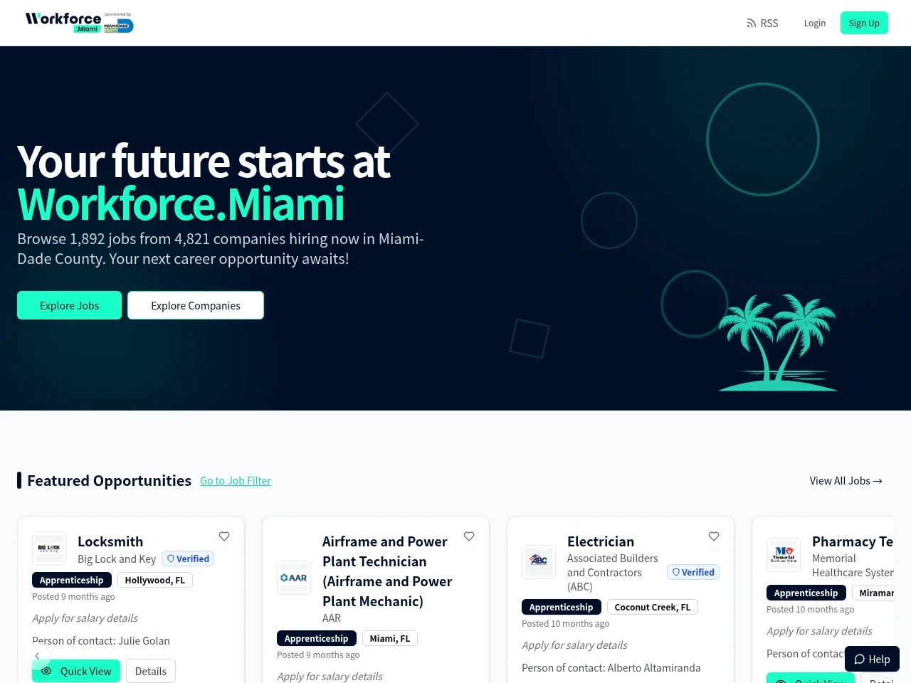 Workforce.Miami job board platform screenshot showing job search interface
