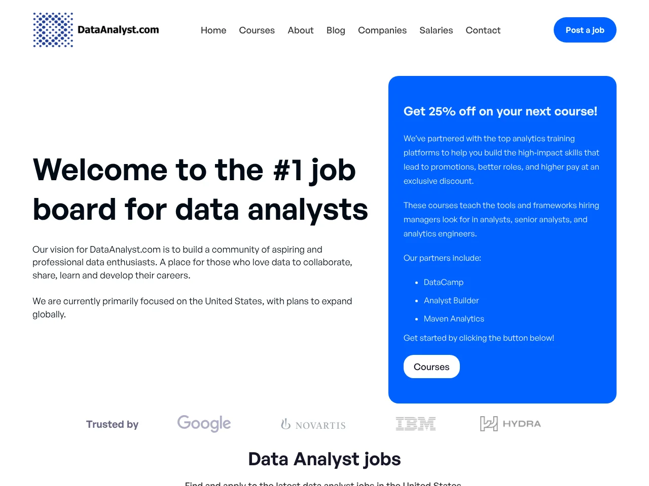 DataAnalyst.com job board platform screenshot showing job search interface