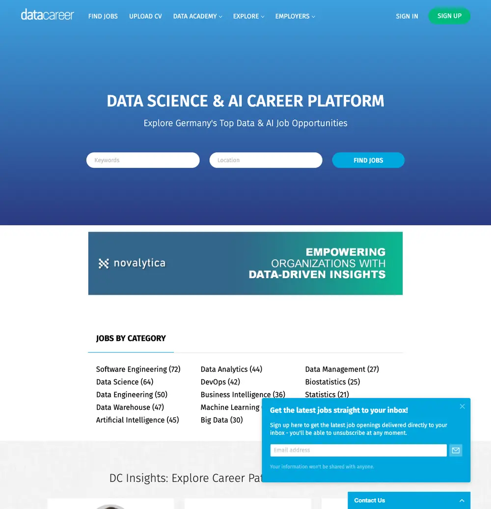 DataCareer screenshot DataCareer job board platform screenshot showing job search interface
