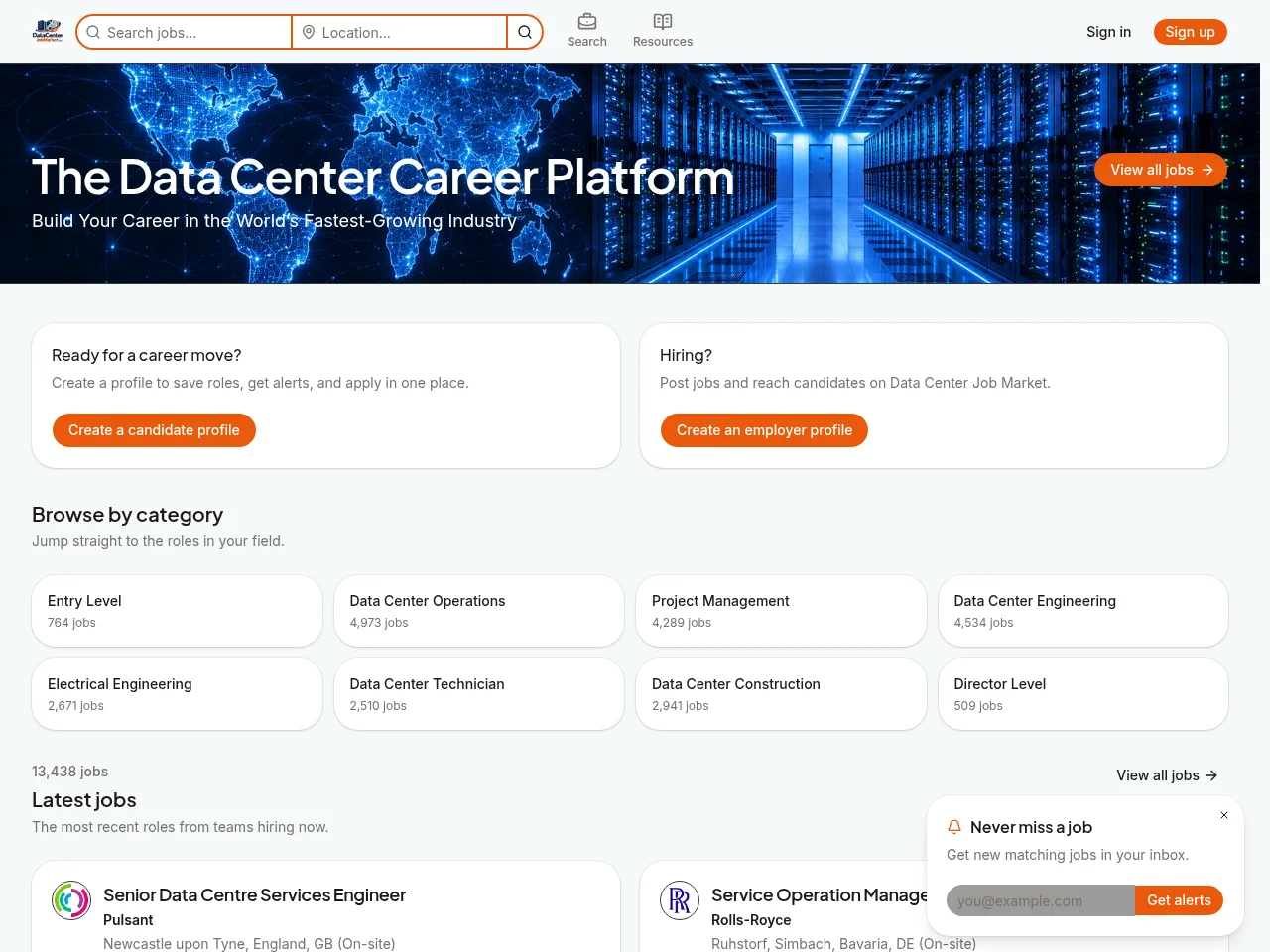 Data Center Job Market job board platform screenshot showing job search interface