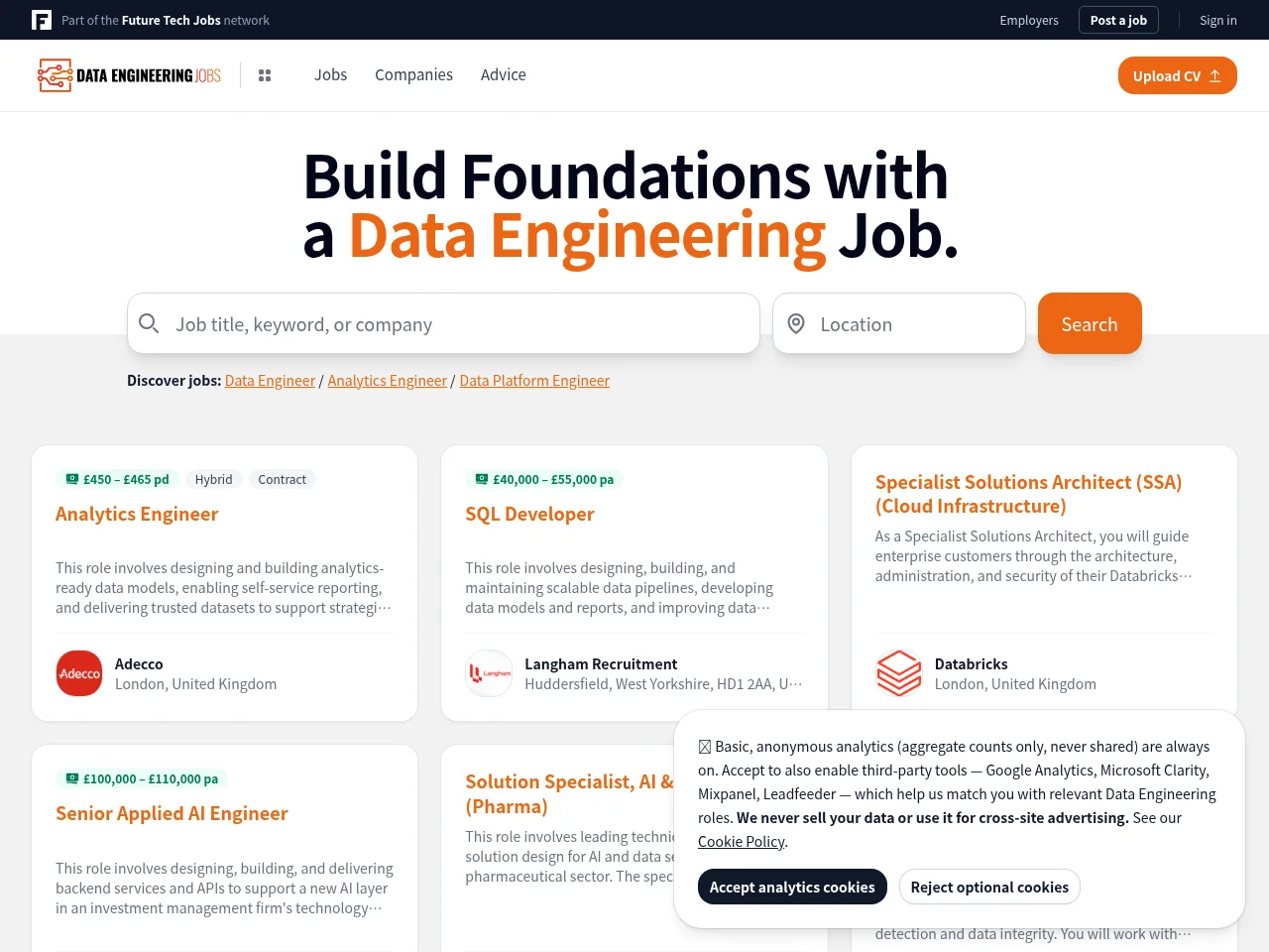 Data Engineering Jobs job board platform screenshot showing job search interface