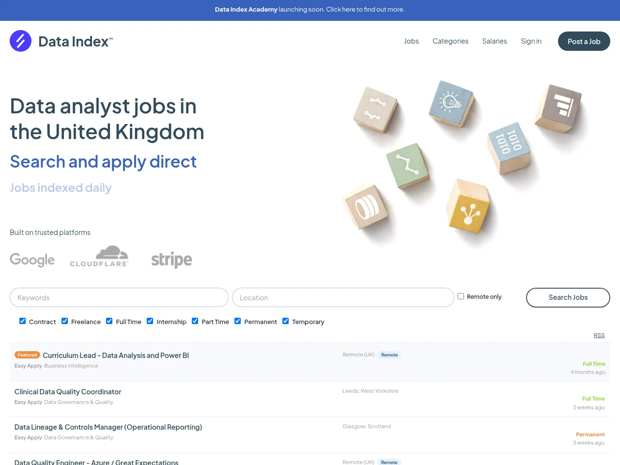 Data Index job board platform screenshot showing job search interface