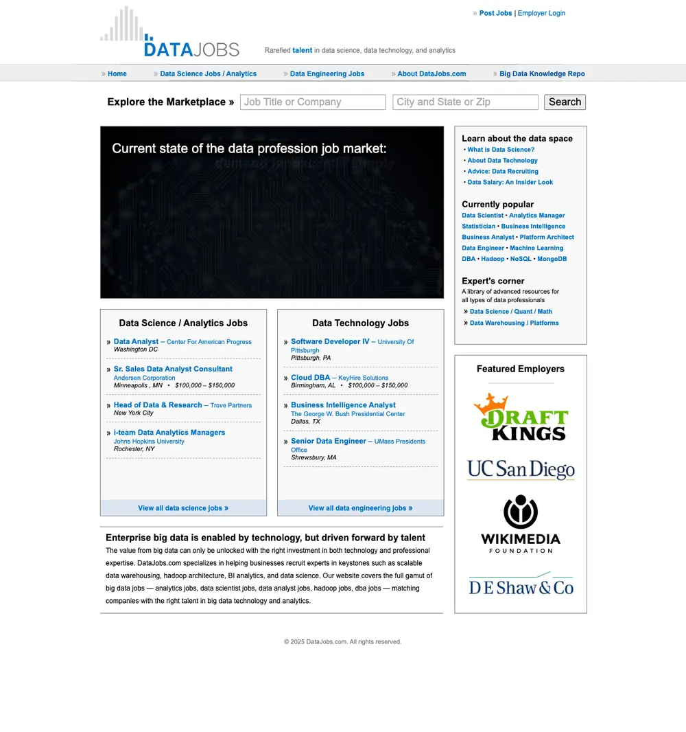 DataJobs.com job board platform screenshot showing job search interface