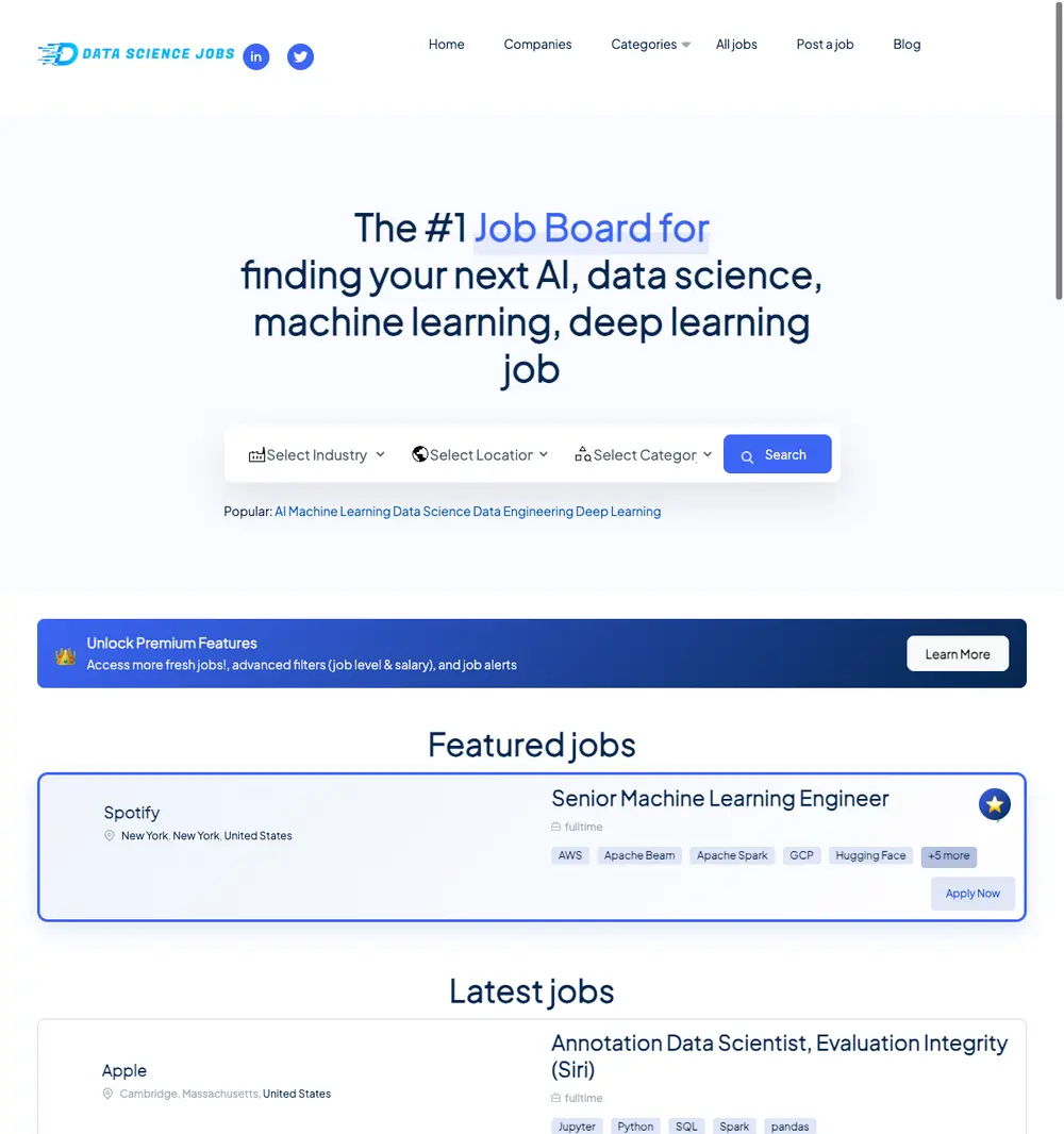 DataScienceJobs job board platform screenshot showing job search interface