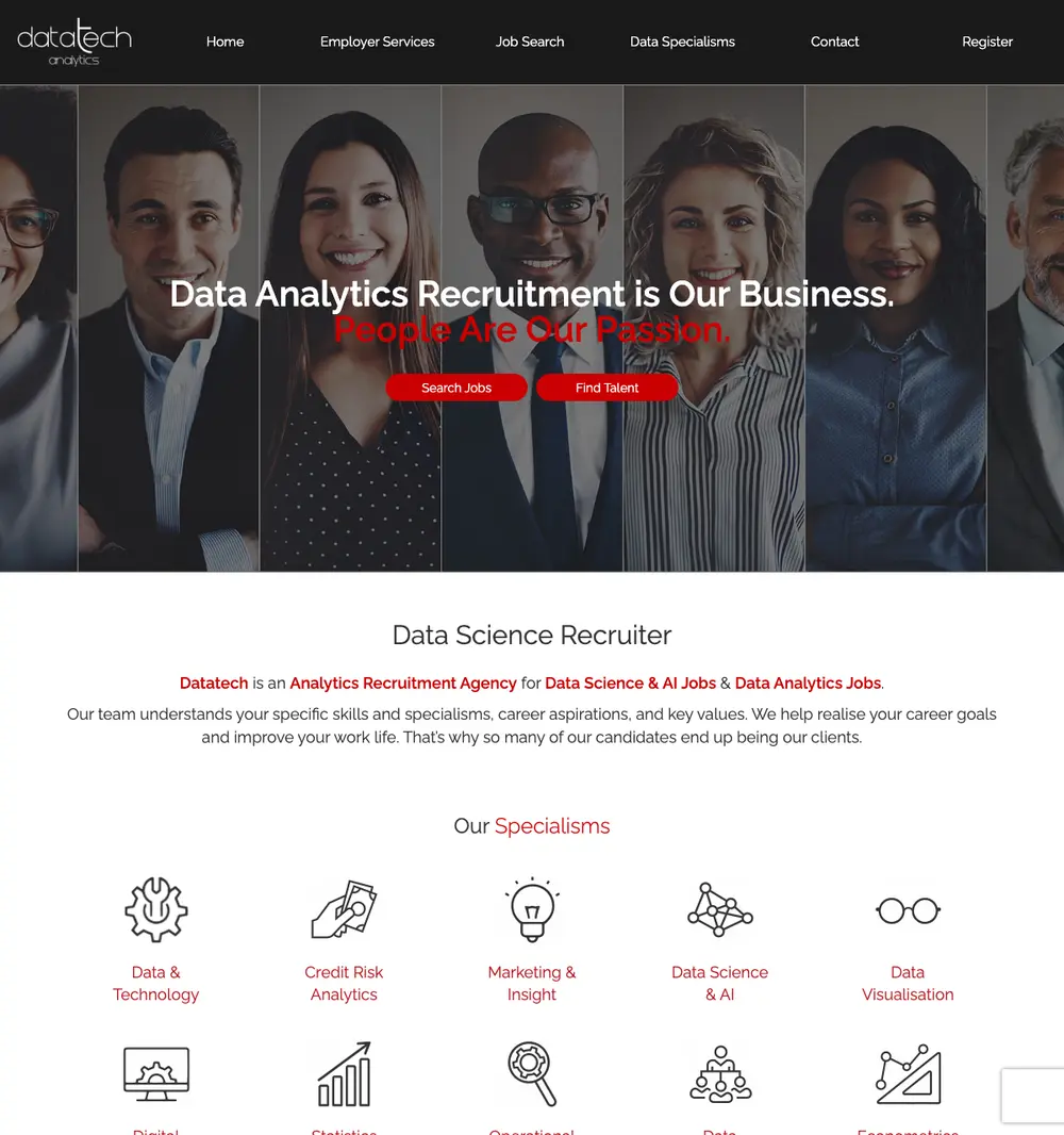 Datatech Analytics Recruitment Agency job board platform screenshot showing job search interface