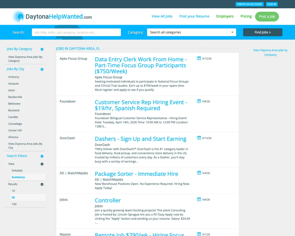 DaytonaHelpWanted.com job board platform screenshot showing job search interface