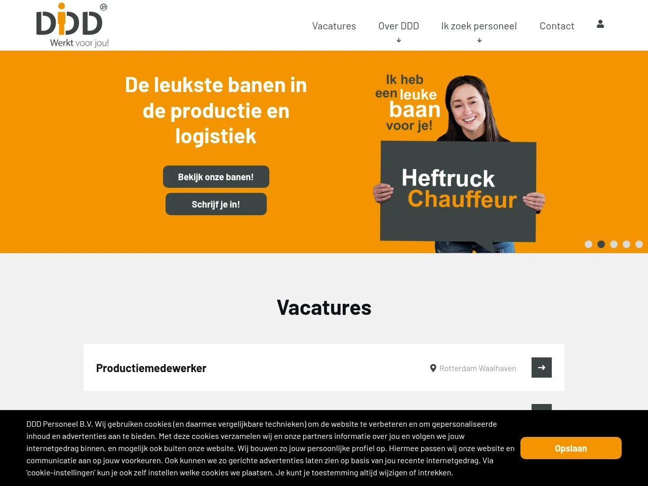 DDD Personeel job board platform screenshot showing job search interface