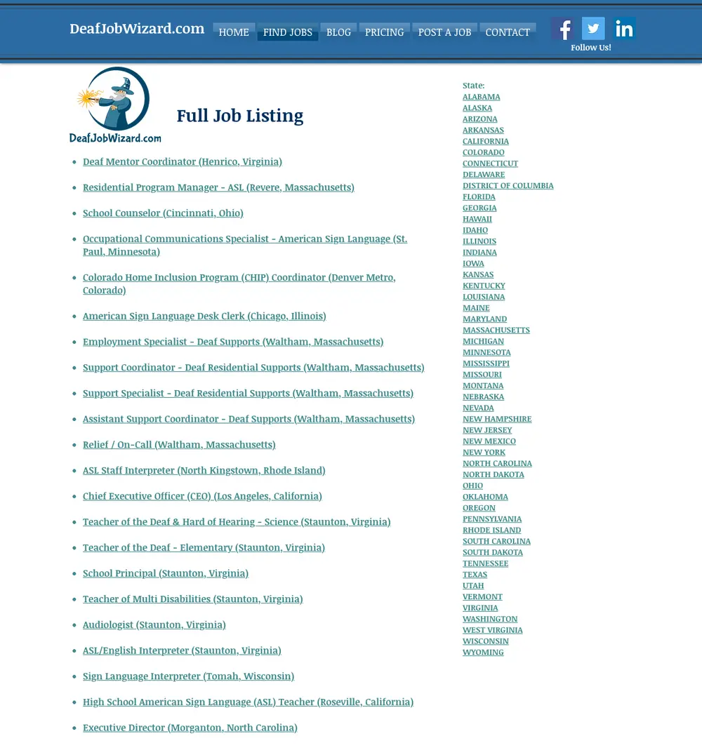 DeafJobWizard.com job board platform screenshot showing job search interface