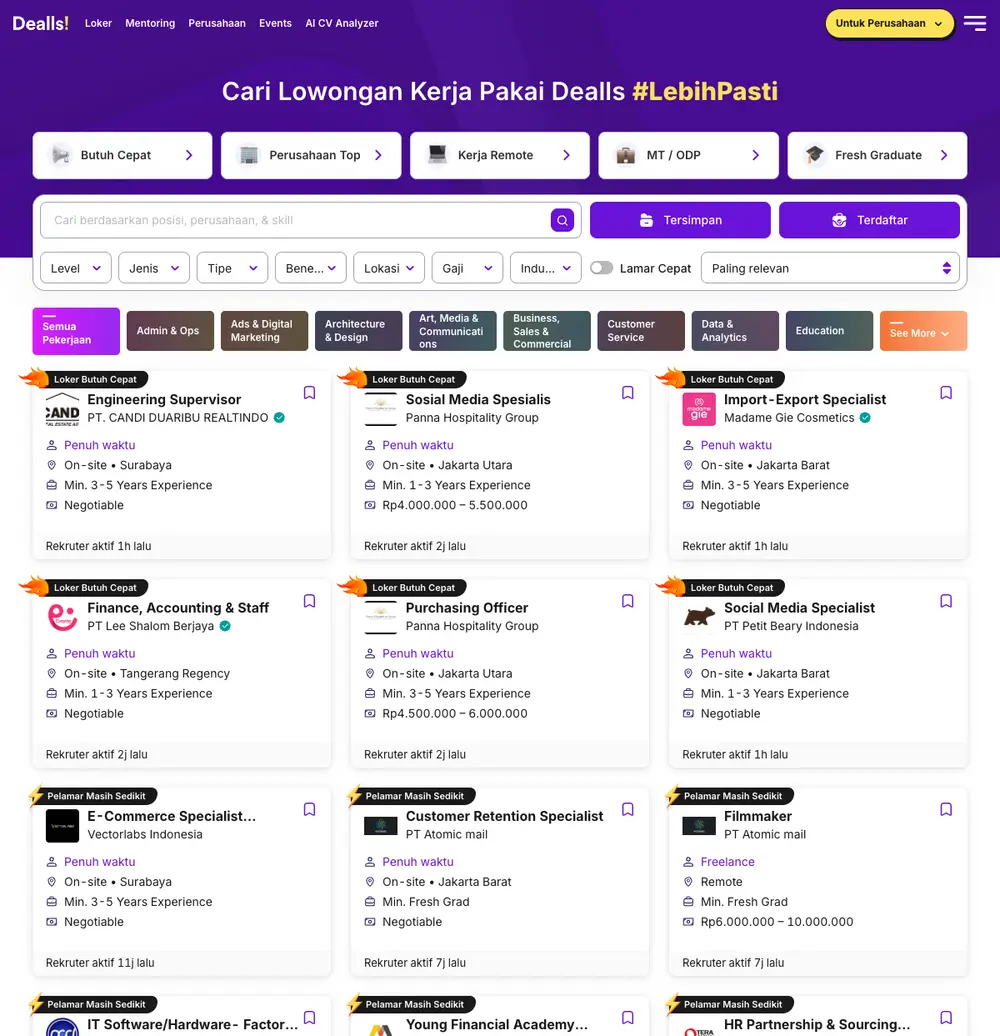 Dealls job board platform screenshot showing job search interface