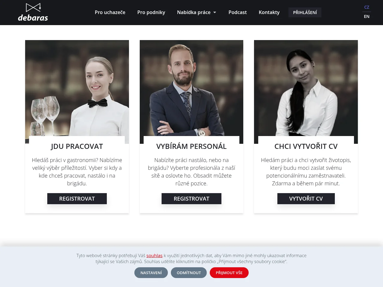 Debaras.cz job board platform screenshot showing job search interface