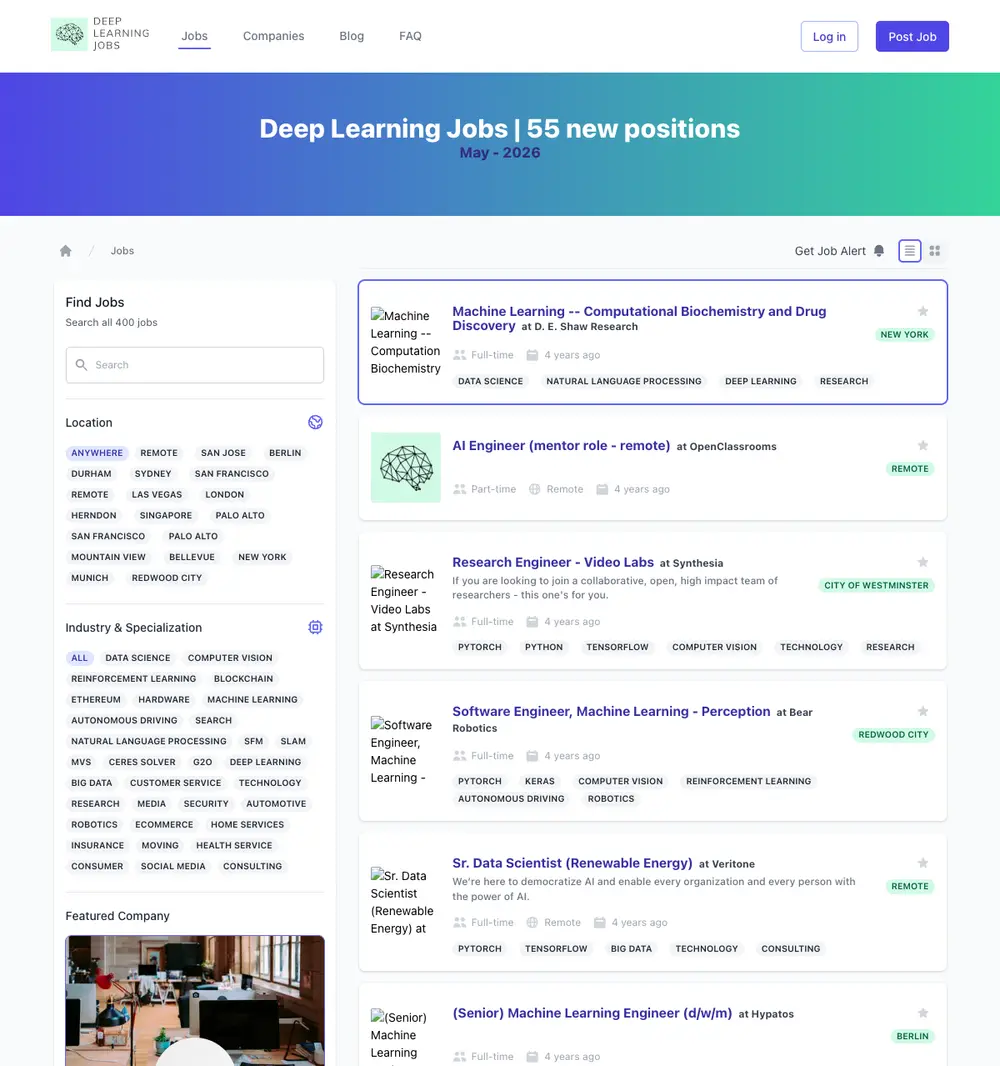 Deep Learning Jobs job board platform screenshot showing job search interface