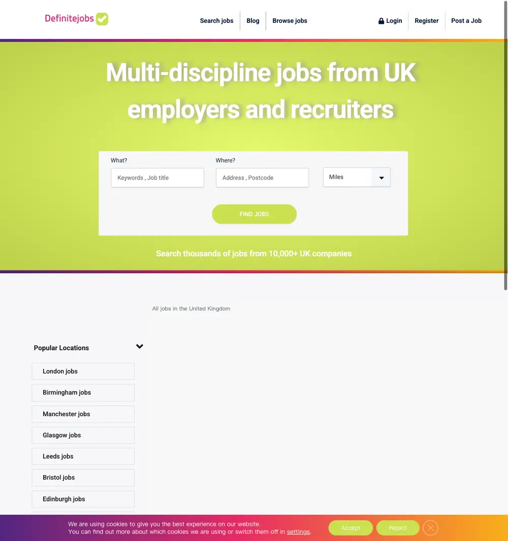 DefiniteJobs job board platform screenshot showing job search interface