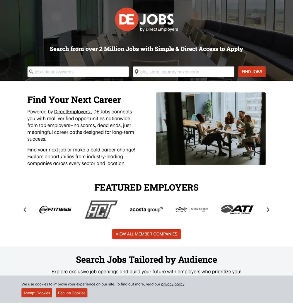 DE Jobs job board platform screenshot showing job search interface