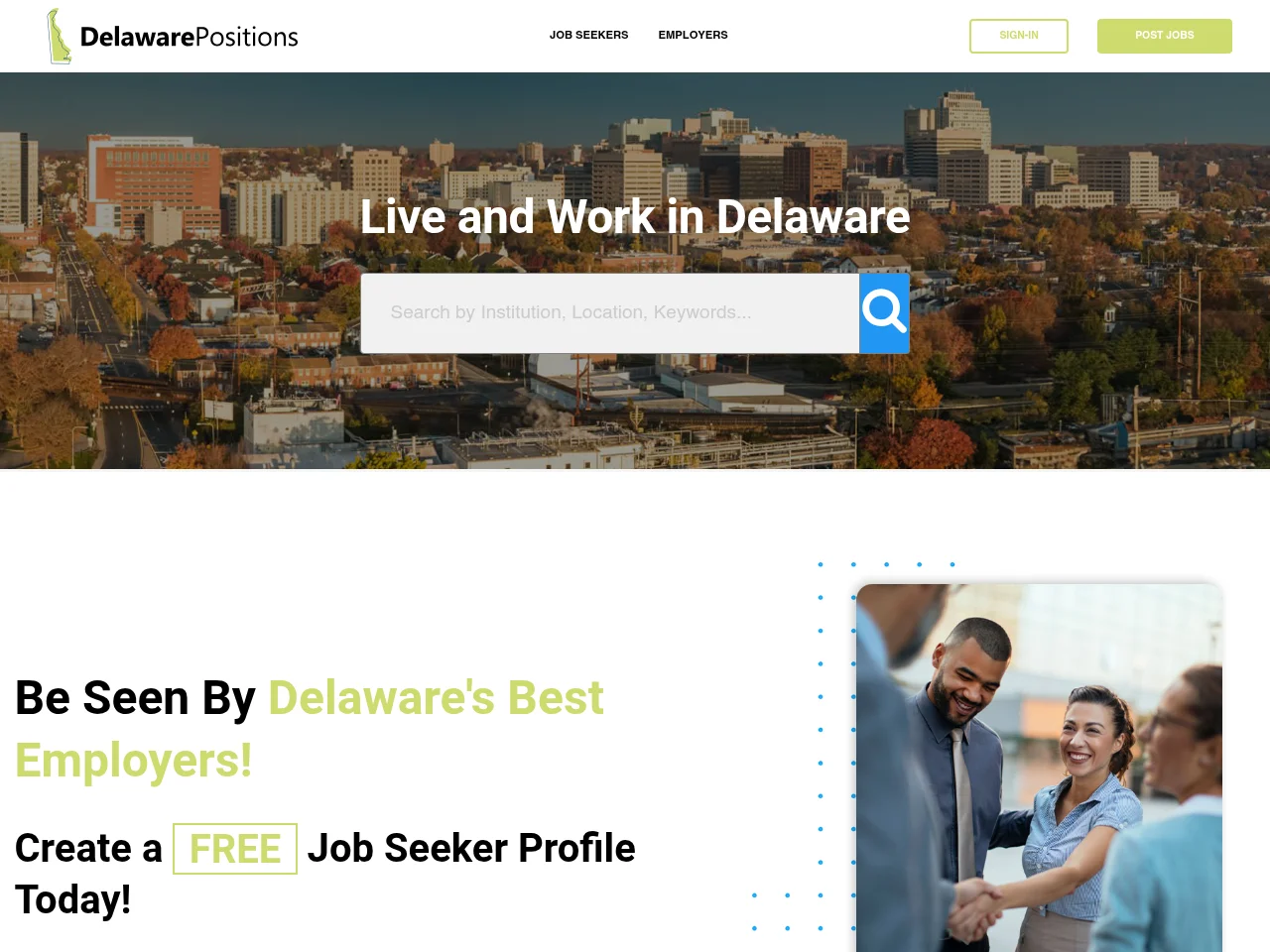 DelawarePositions.com job board platform screenshot showing job search interface