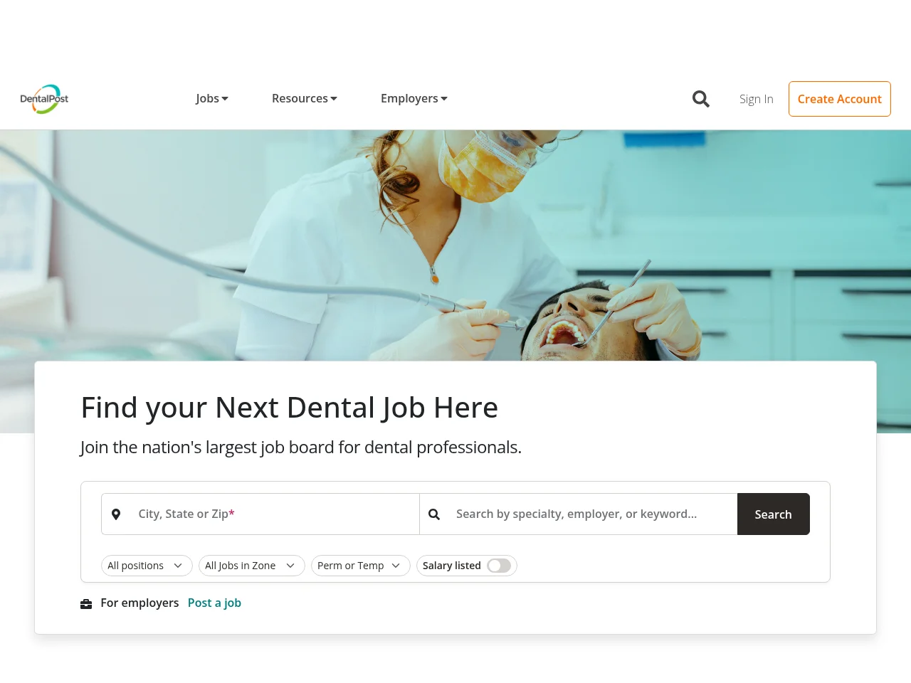 DentalPost job board platform screenshot showing job search interface