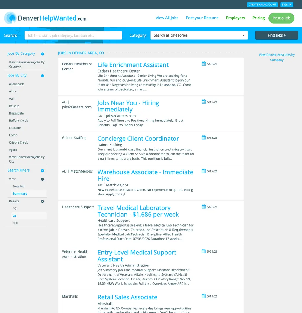 DenverHelpWanted.com job board platform screenshot showing job search interface