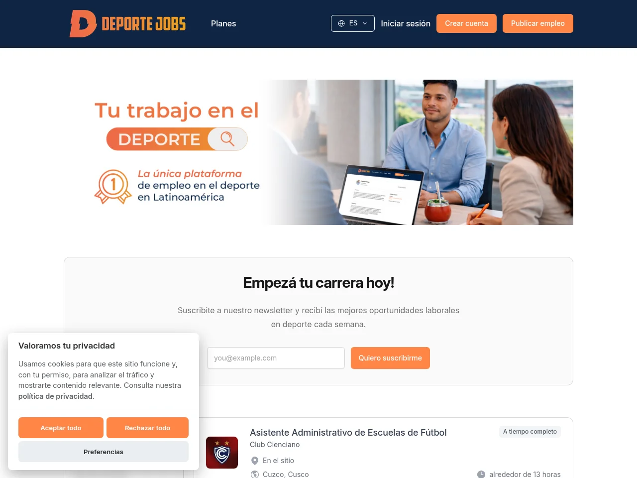 Deporte Jobs job board platform screenshot showing job search interface