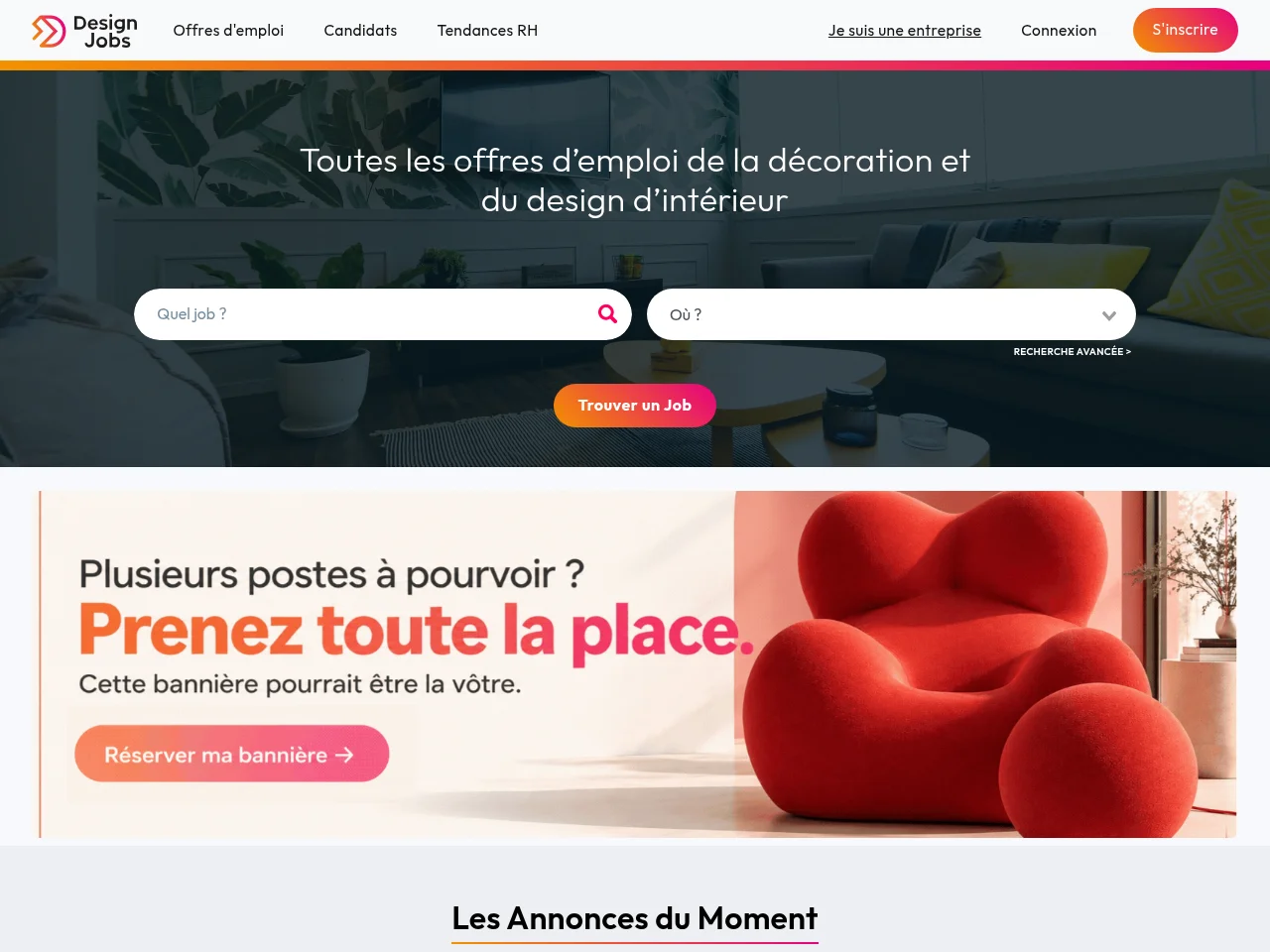 Design-Jobs.fr job board platform screenshot showing job search interface