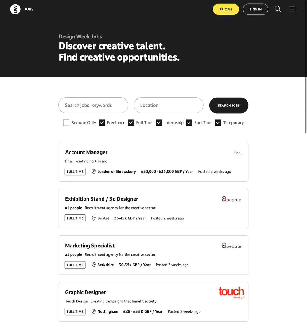 Design Week Jobs screenshot Design Week Jobs job board platform screenshot showing job search interface