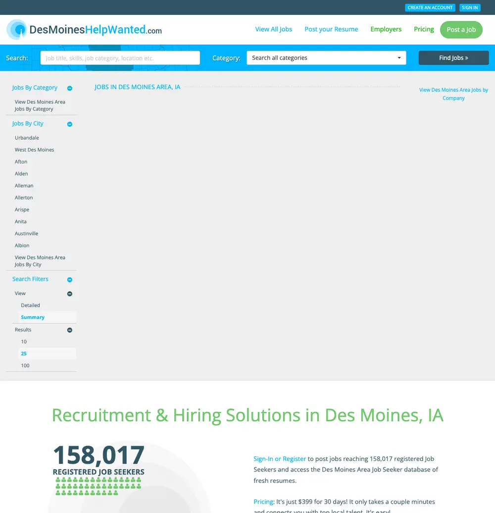 DesMoinesHelpWanted.com screenshot DesMoinesHelpWanted.com job board platform screenshot showing job search interface