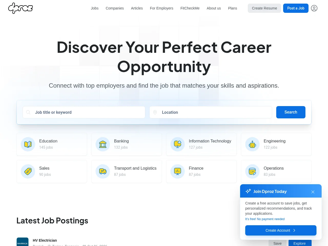 Dproz job board platform screenshot showing job search interface