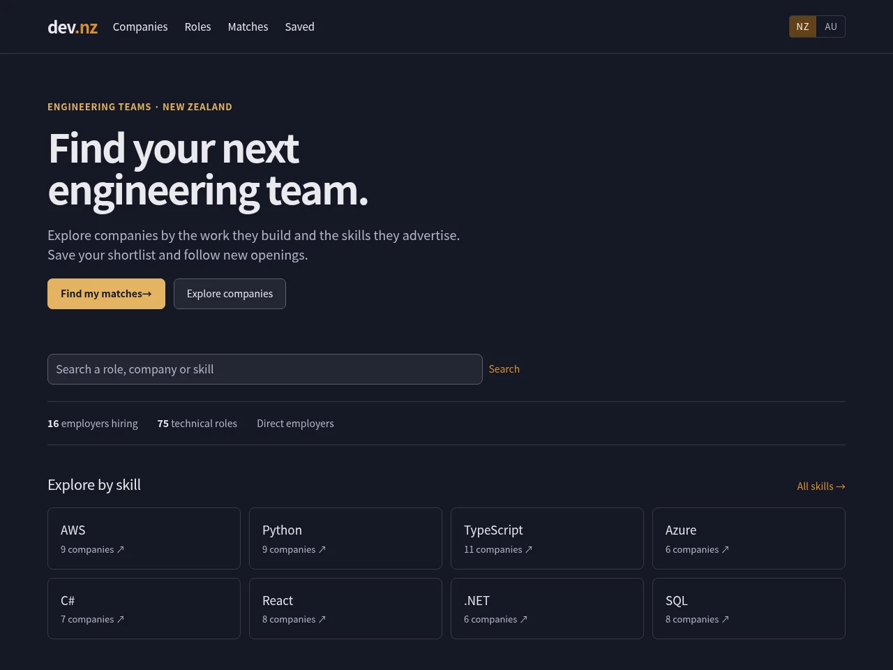 dev.nz job board platform screenshot showing job search interface