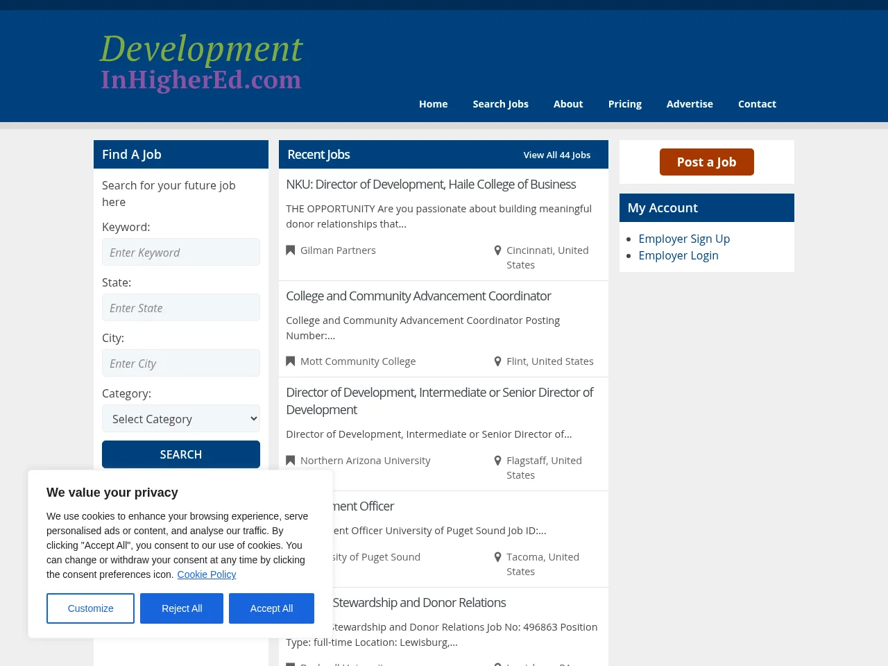 Development in Higher Education screenshot Development in Higher Education job board platform screenshot showing job search interface