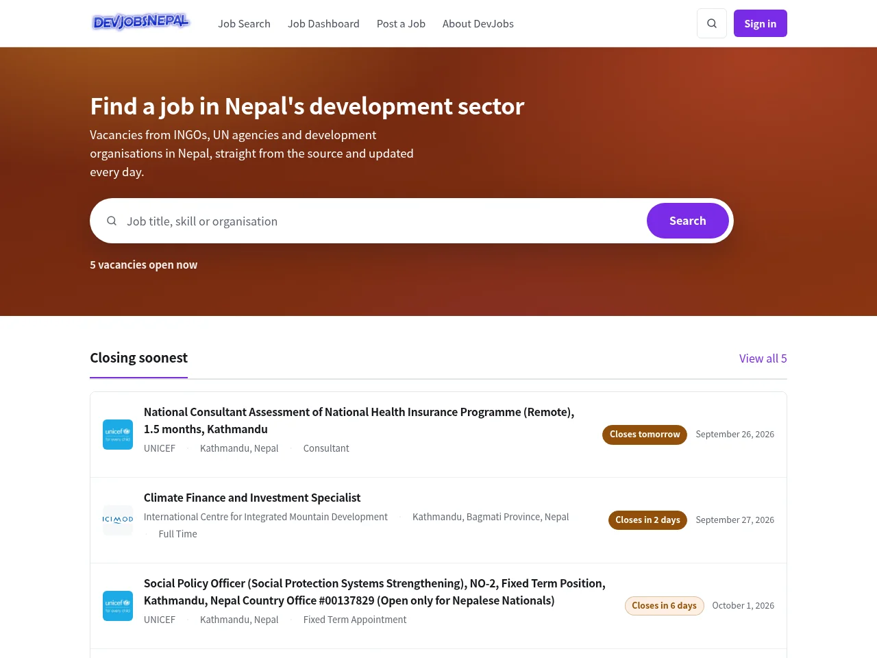 DevJobsNepal job board platform screenshot showing job search interface
