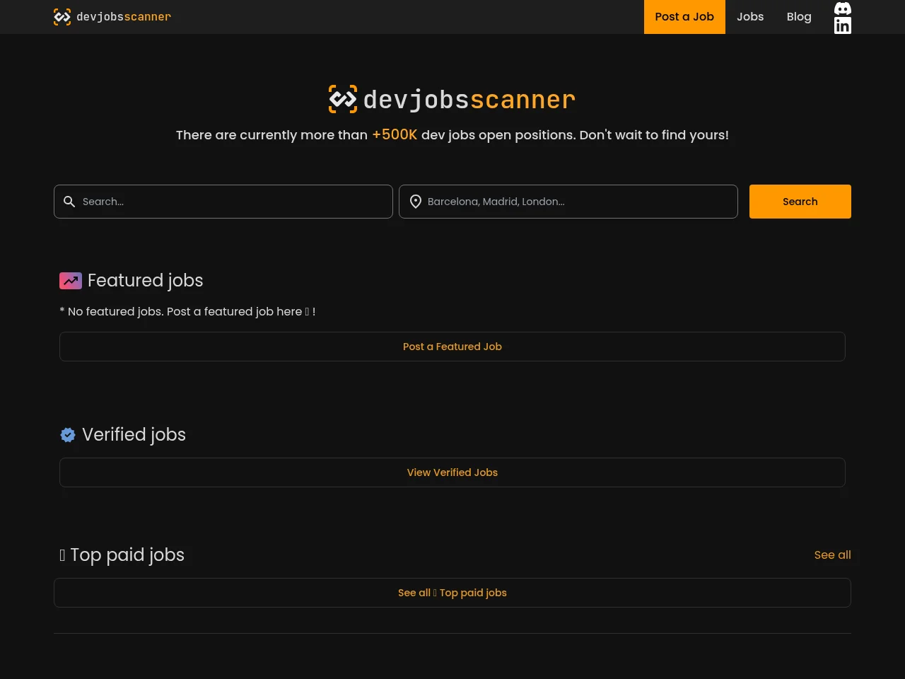Devjobsscanner job board platform screenshot showing job search interface