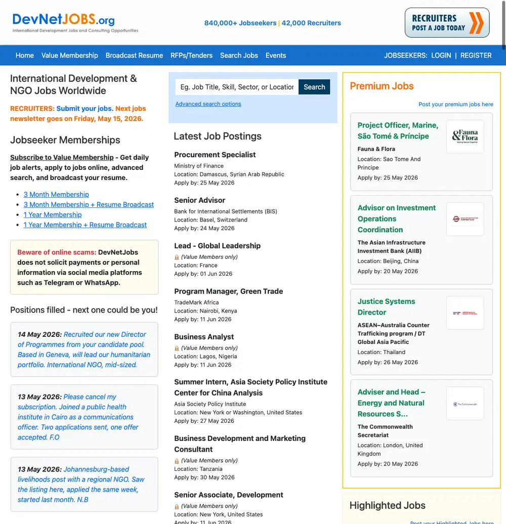 DevNetJobs.org job board platform screenshot showing job search interface