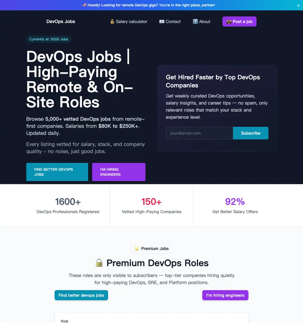 DevOps Projects HQ job board platform screenshot showing job search interface