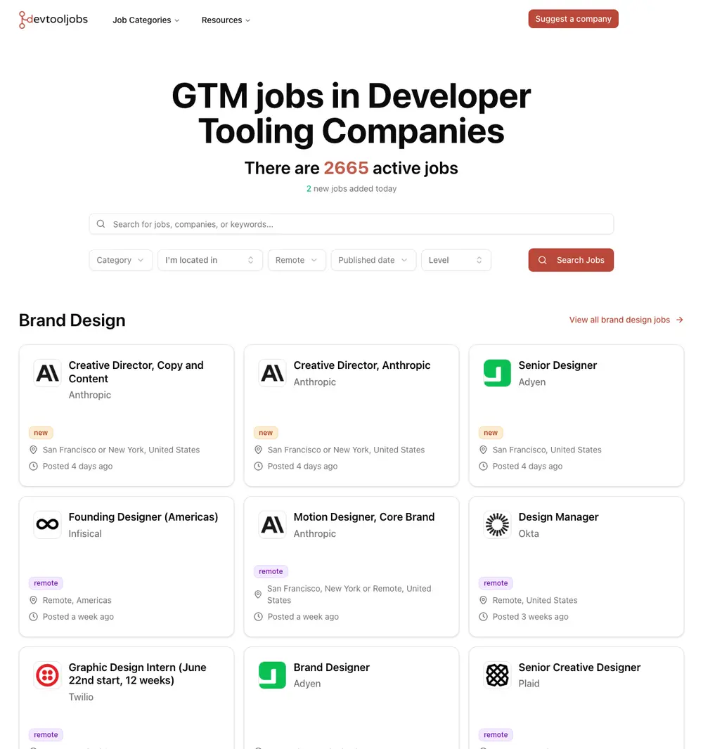 DevToolJobs job board platform screenshot showing job search interface