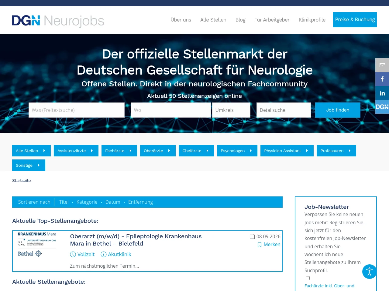 DGN-Neurojobs job board platform screenshot showing job search interface