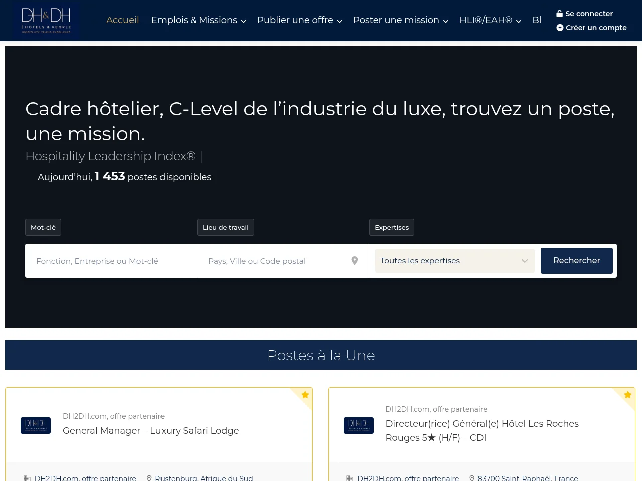 DH2DH.com (Des Hôtels & Des Hommes) job board platform screenshot showing job search interface